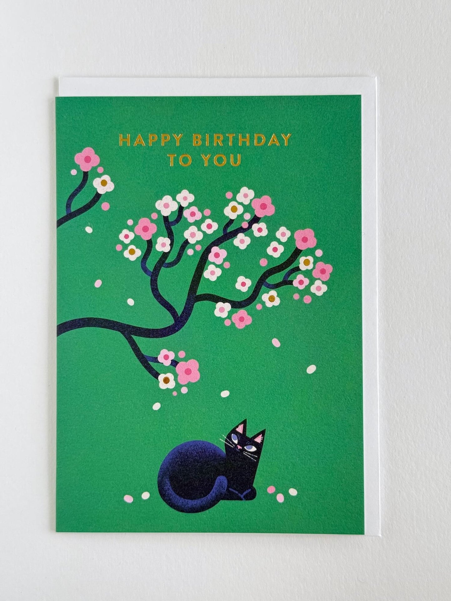 Carte d'anniversaire | Chat noir sous les cerisiers japonais